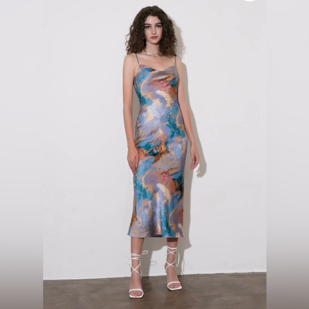 Abstract Print Backless Midi Slip Dress